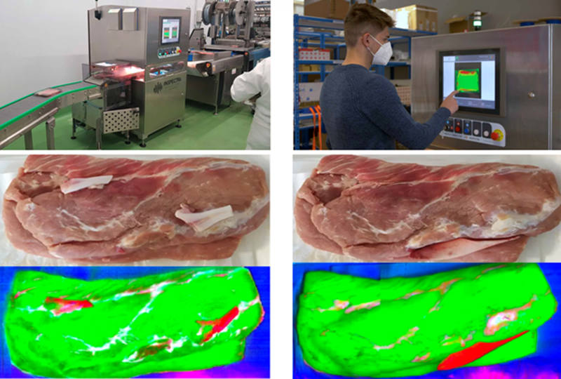 圖 7：Specim FX17 高光譜相機(jī)揭示了肉中隱藏的缺陷，例如蒼白、松軟和滲出 (PSE) 缺陷，以及骨骼和肌腱的缺陷