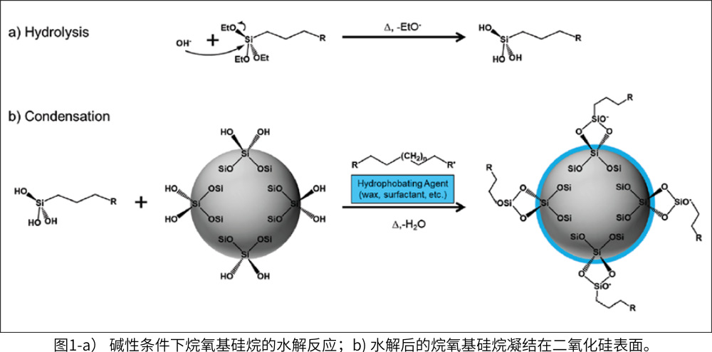 圖1-a） 堿性條件下烷氧基硅烷的水解反應(yīng)；b) 水解后的烷氧基硅烷凝結(jié)在二氧化硅表面